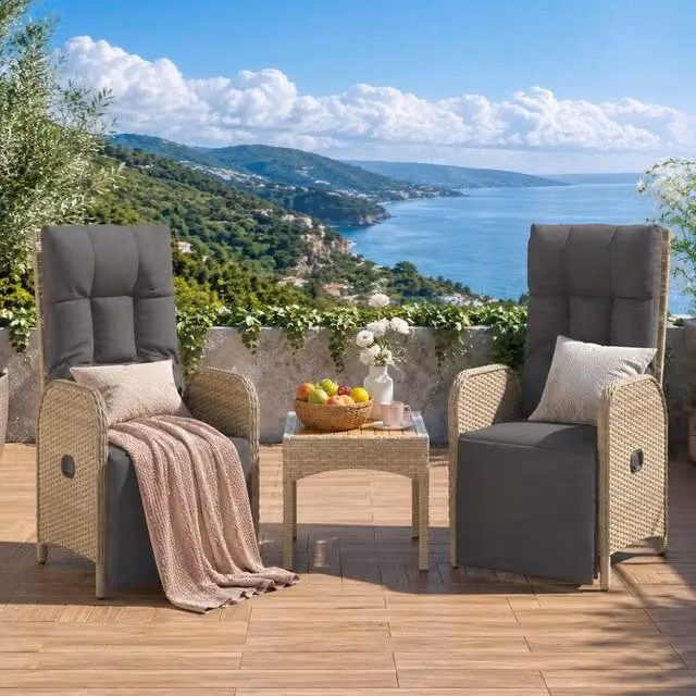 Garden Reclining Chairs, Set Of 2, With Table, Grey Poly Rattan