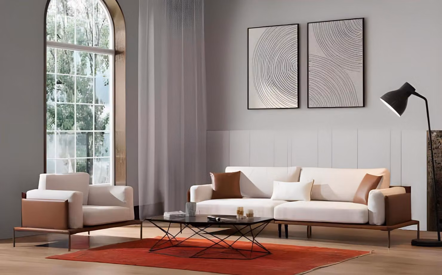 Stilvolle Weiß-Braune Wohnzimmer Couchgarnitur 3-Sitzer Textil Sessel