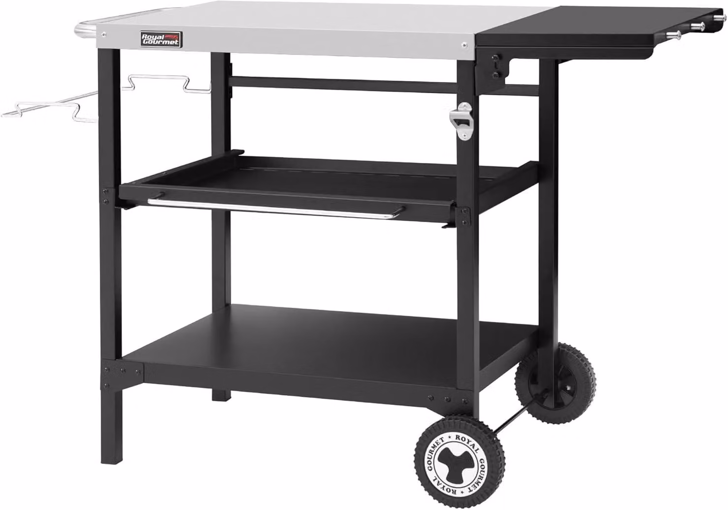Tavolo da esterno gourmet per barbecue, con 3 ripiani, carrello di servizio con piano in acciaio inossidabile di 70 x 50 cm e ripiano laterale pieghevole di 30 x 50 cm, tavolino, barbecue