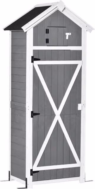 Armadio da Giardino in Legno Grigio Casetta Porta Attrezzi con Tavolo Pieghevole e Ganci per Terrazzo 78x52,5x182cm