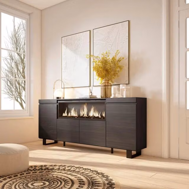 Credenza, Mobile, 208x35x87cm, 4 Porte, Camino elettrico XXL, Design industriale, Nero RF3216
