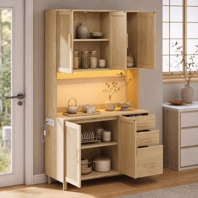 Credenza cucina naturale in MDF con LED integrati e porta USB