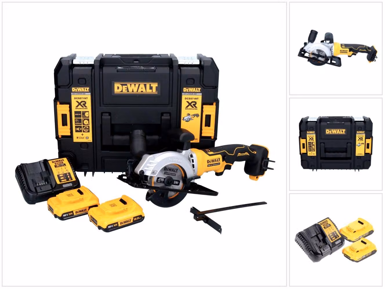 Sega circolare a batteria DeWalt DCS 571 D2 18 V 115 mm senza spazzole + 2x batteria 2,0 Ah + caricabatterie + TSTAK