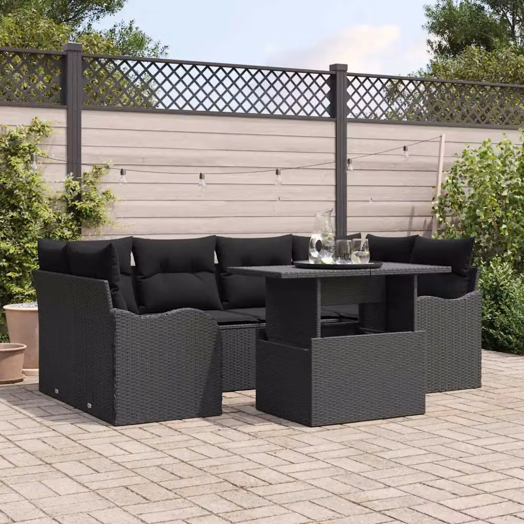Set Divano da Giardino vidaXL 7 Pezzi Nero con Tavolino e Cuscini in Rattan e Metallo – 1
