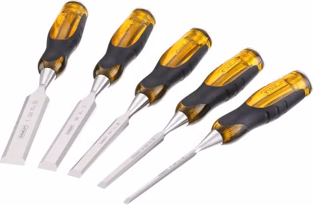 Set di 5 scalpelli per legno STANLEY Dynagrip PRO in acciaio inossidabile, colore giallo, lame da 6/10/15/20/25 x 125 mm