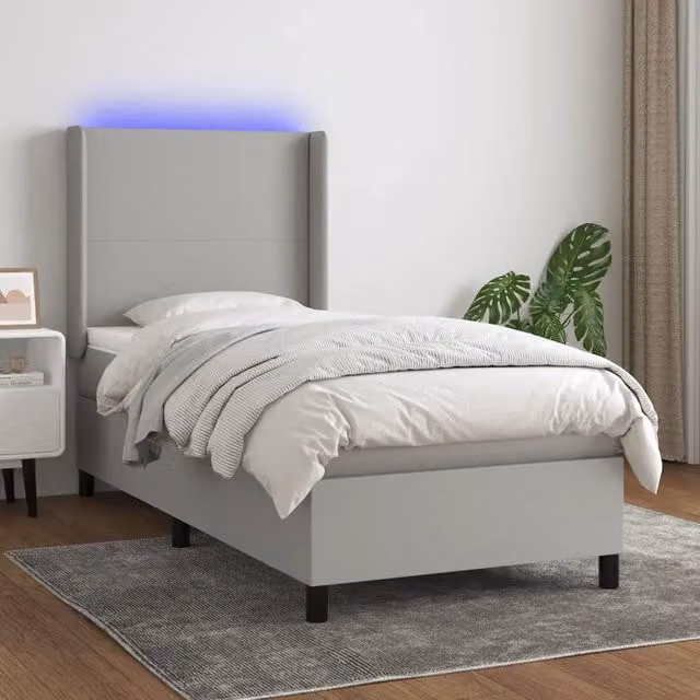 Letto a molla con testiera in tessuto grigio e illuminazione LED con porta USB vidaXL L/P/H: 100 x 200 x 128 cm