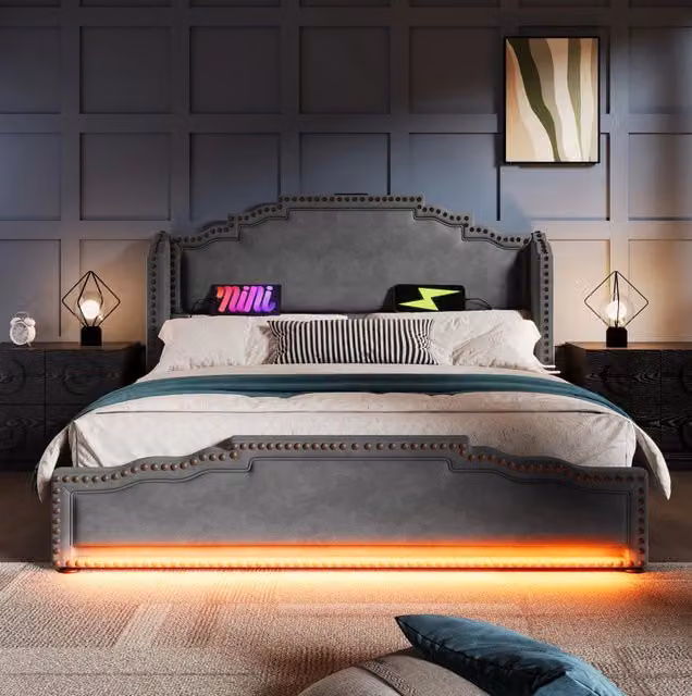 Letto matrimoniale 180x200 cm in velluto grigio con 4 cassetti; LED e prese USB-C
