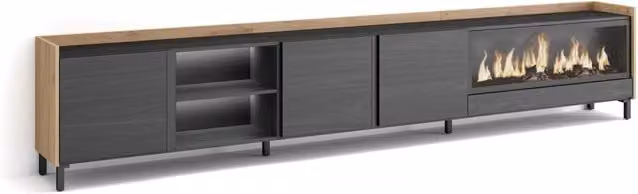 Mobile TV Soggiorno, 315x61x35 cm, Per TV fino a 80", Camino elettrico XXL, Design industriale, LED, Nero e rovere