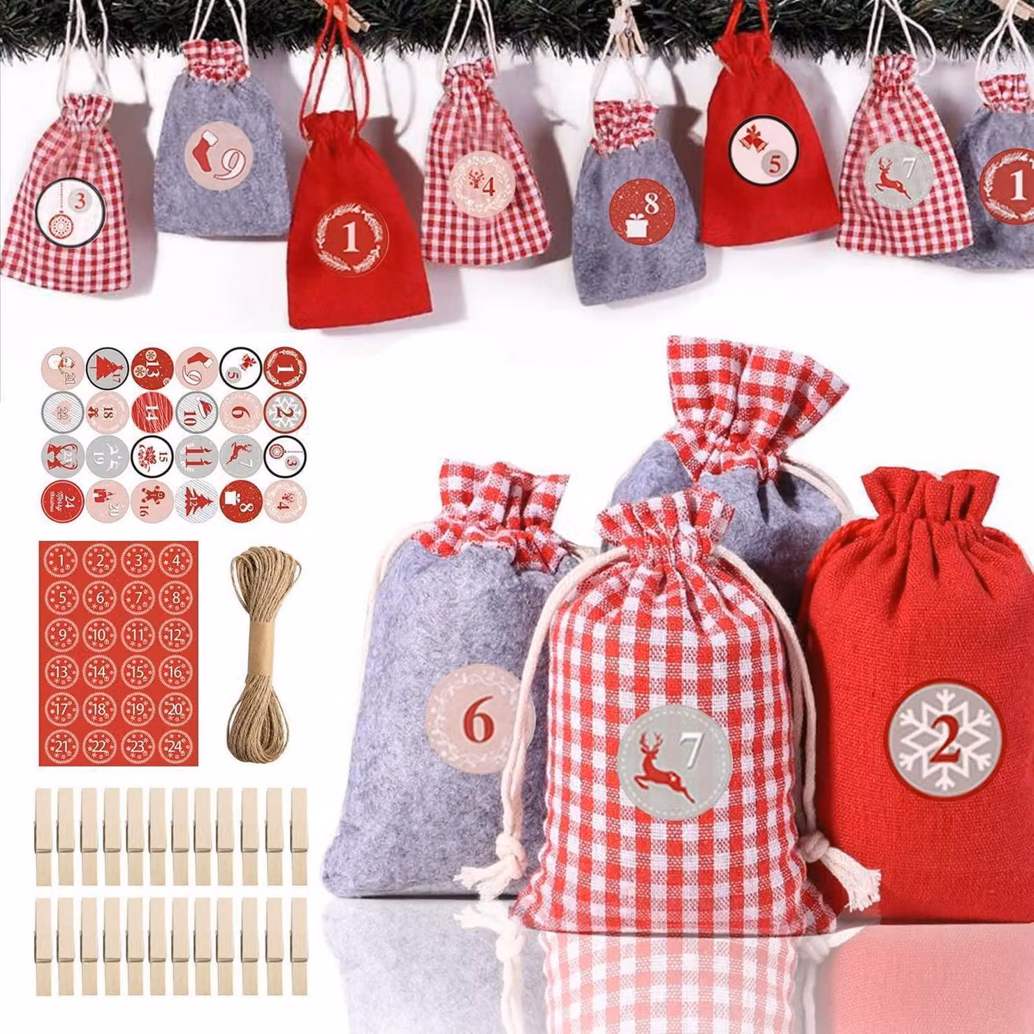 Kit per creare un calendario dell'Avvento fai-da-te: 24 sacchetti di juta con accessori per Natale