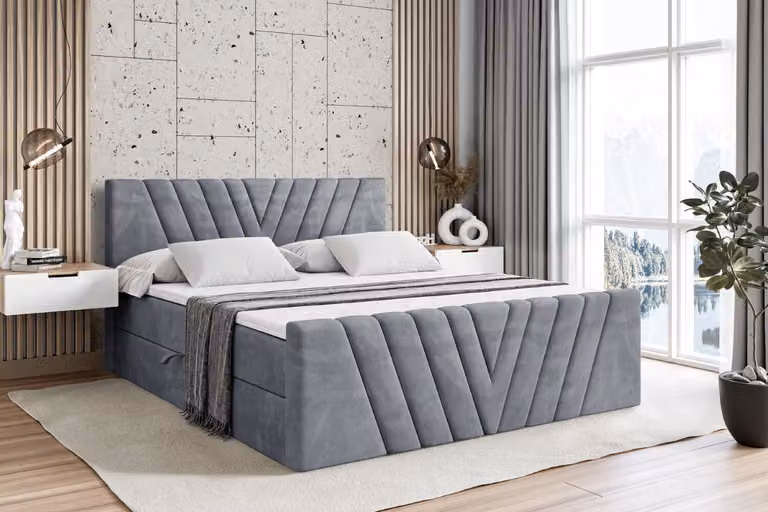 Letto boxspring ALTDECOR con pediera, materasso H3 e topper - 140x200 cm - ERNINA-Z - Velluto grigio - Letto imbottito con contenitore e rete a doghe, letto con spazio contenitivo