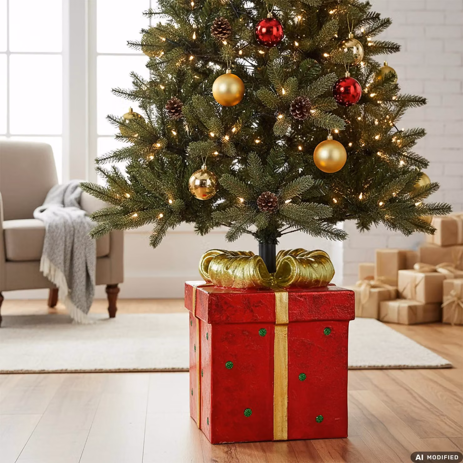 Base per albero di Natale a forma di pacco regalo VESTIAMO CASA, colore rosso e nero, H 42,5 x L 41,5 x P 31 cm – 2