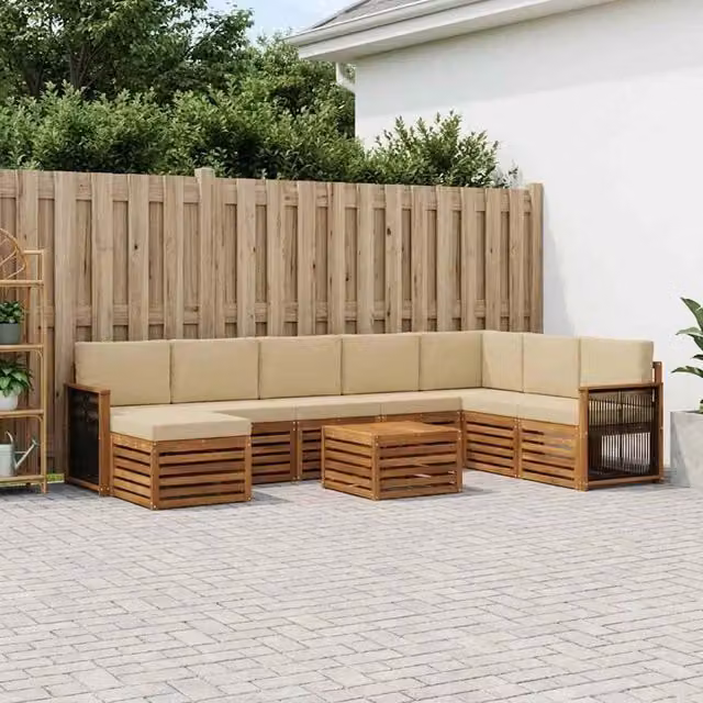 Set di divani da esterno a L vidaXL in legno di acacia con 7 pezzi, colore marrone e beige, comprensivo di cuscini e tavolino da giardino – 1