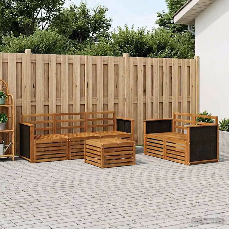 vidaXL Set di divani da esterno a L composto da 6 pezzi in legno di acacia massello marrone con cuscini inclusi