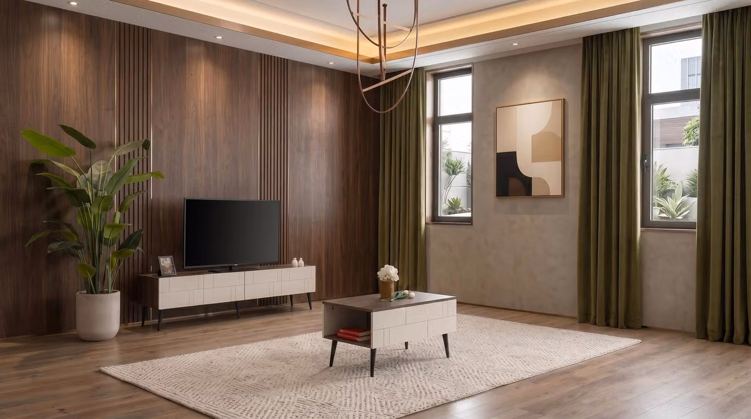 Elegante set di mobili da soggiorno nei toni del beige e del marrone, comprensivo di mobile TV, tavolino e altri elementi di design
