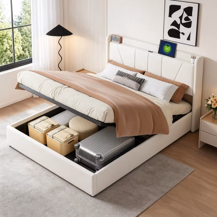 Letto imbottito INONEFT, modello boxspring, 140x200 cm, con porta USB e connettore di tipo C, struttura per letto matrimoniale con spazio contenitore e rete a doghe. Senza materasso, lenzuola e coperta. Colore: beige