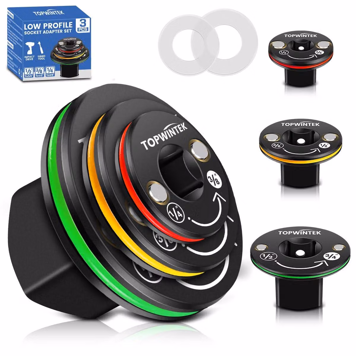 Set di adattatori a profilo basso per chiavi a bussola, composto da 3 pezzi: da 1/4" a 3/8", da 3/8" a 1/2", da 1/2" a 3/4", ideale per spazi ristretti