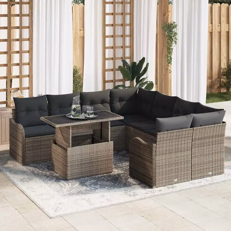 vidaXL Set Divano da Giardino a Forma di U in Polyrattan Grigio con 9 Pezzi e Cuscini