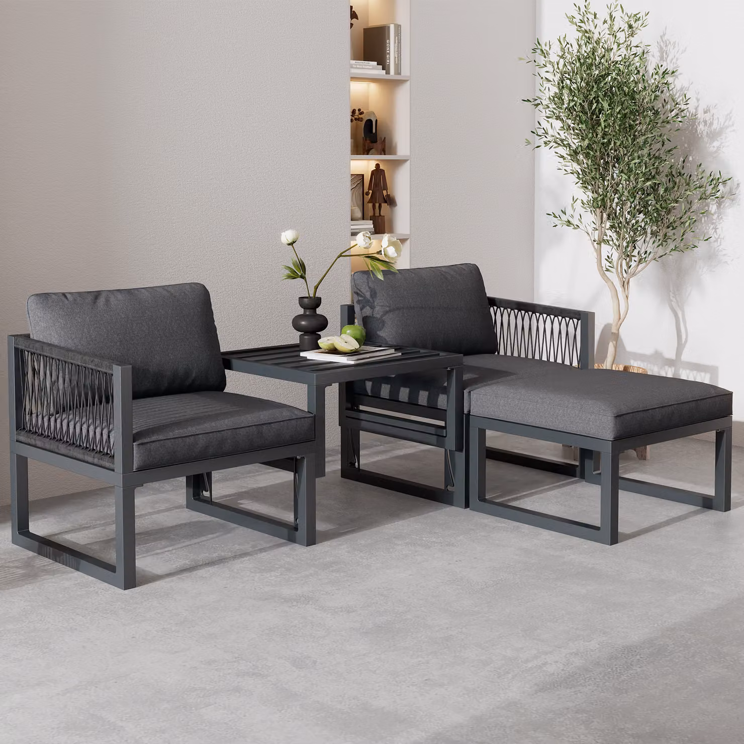 Set salotto da giardino Merax Gruppo di sedute in corda, mobili da giardino a 4 elementi in polyrattan e alluminio, set da balcone Set divano con 2 poltrone e 2 sgabelli, grigio