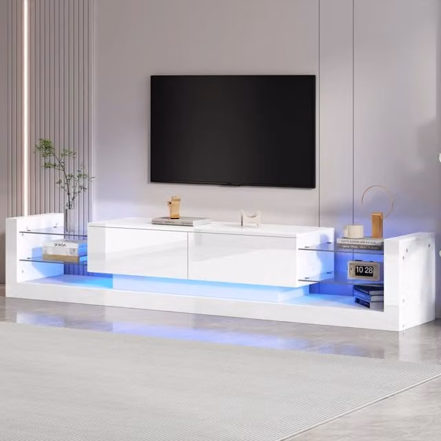 Mobile TV moderno FOLYNA con illuminazione LED integrata, vetro e 2 cassetti a ribalta, bianco, L 181 x P 38 x H 38 cm