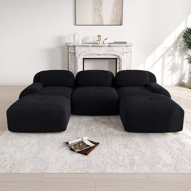 Divano modulare a U in velluto - Xylo - Senza montaggio, antiscivolo, braccioli XL, 32D, nero