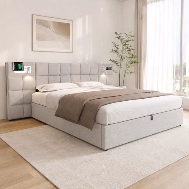 Letto Contenitore Idraulico REDOM Rivestito in Lino Grigio con Ricarica USB e Luci Integrate L/P: 180 x 200 cm