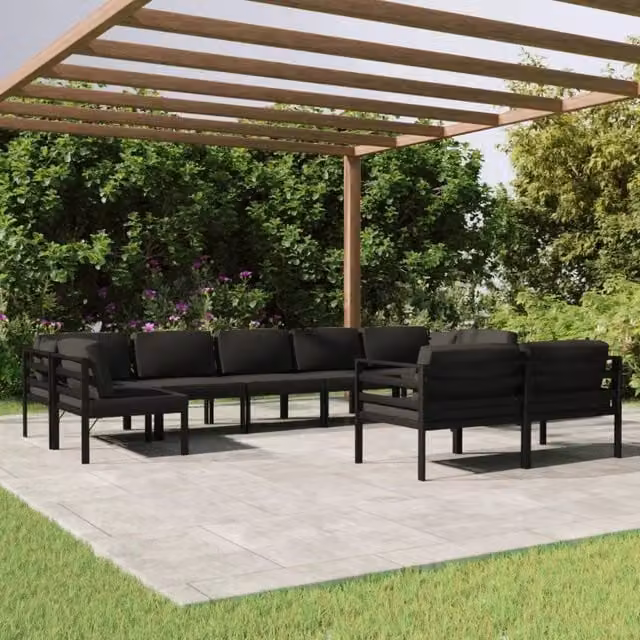 Set di divani da giardino a L vidaXL composto da 9 pezzi in alluminio antracite con cuscini inclusi