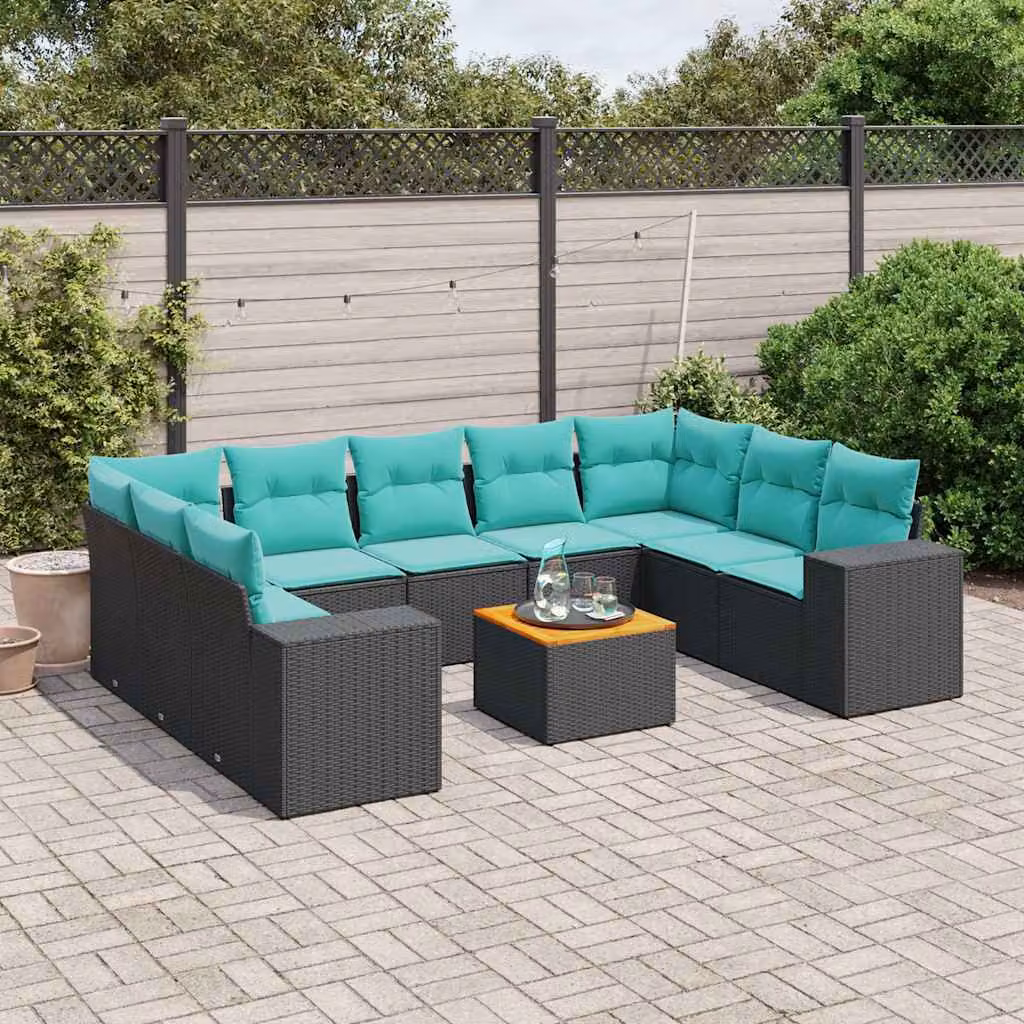 Set Divani da Giardino vidaXL 10 Pezzi in Polyrattan con Cuscini e Tavolino da Esterno a Forma di U, Colore Nero e Blu