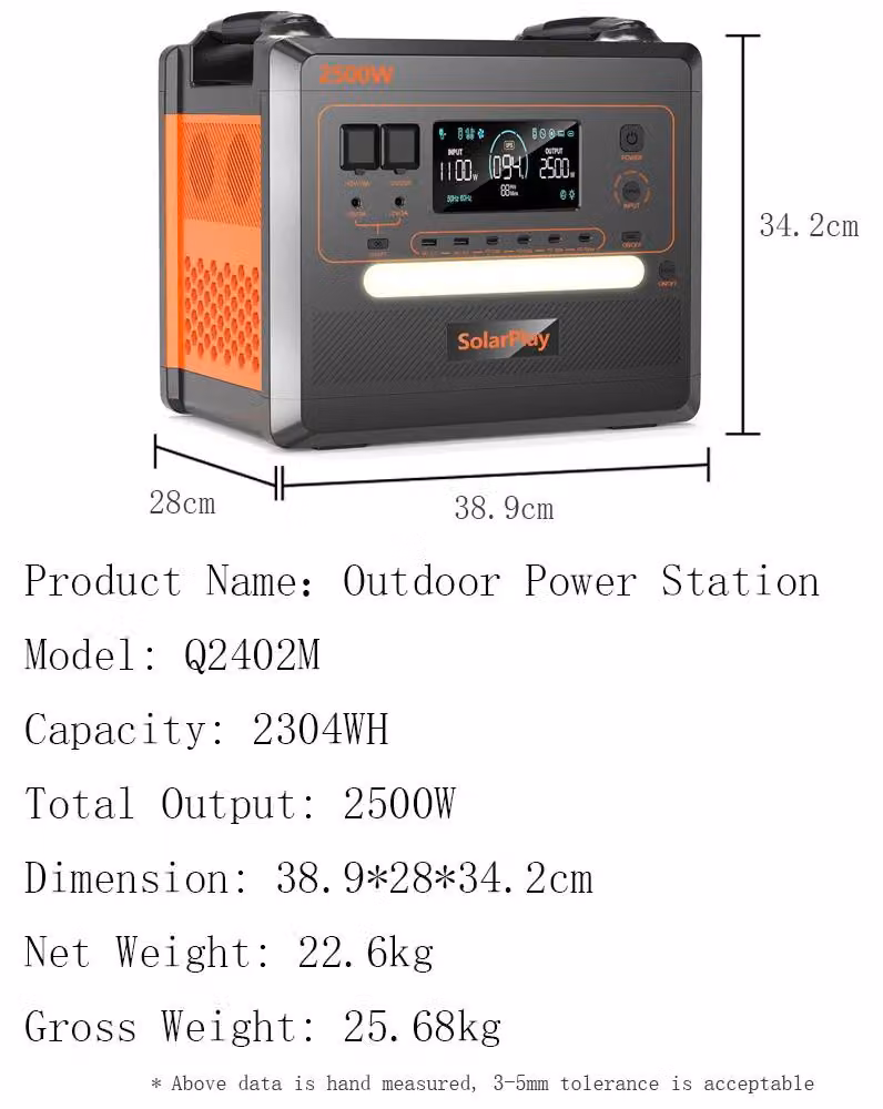 Centralina portatile - Q2402M, 2500 W - Batteria LiFePO4 - 2304 Wh - 220 V AC - Prese di corrente EU - Ricarica da rete da 1100 W - Ideale per il campeggio