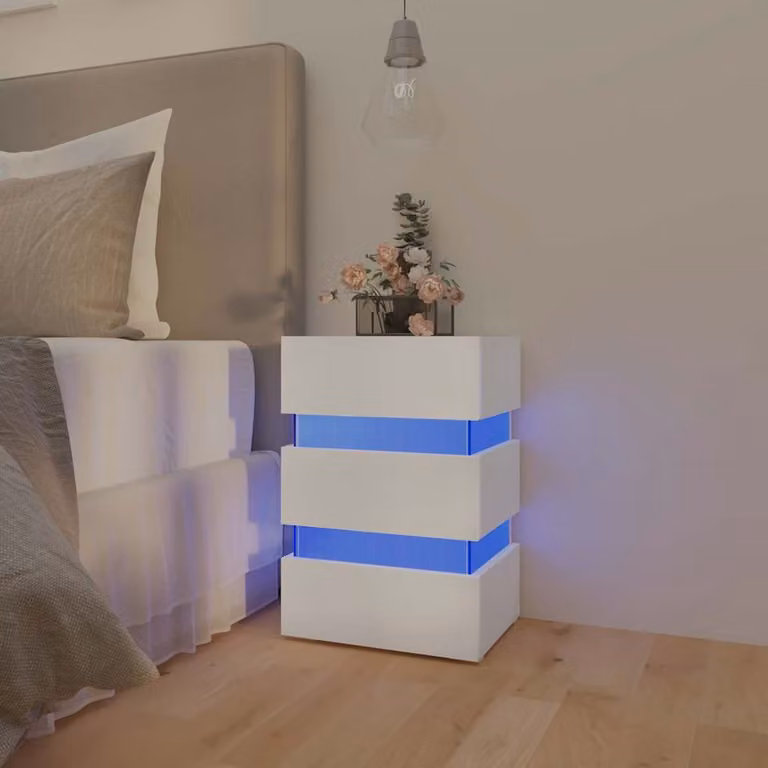Comodino moderno con luci LED vidaXL in legno bianco, sospeso a parete, L 45 x P 35 x H 67 cm