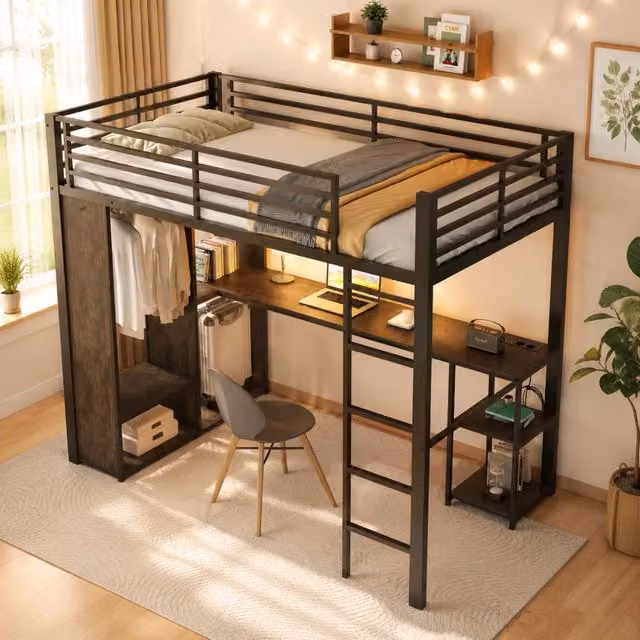 Letto a soppalco singolo 90 × 200 cm con scrivania, ripiani, armadio aperto, LED, USB et Type-C, senza materasso, nero