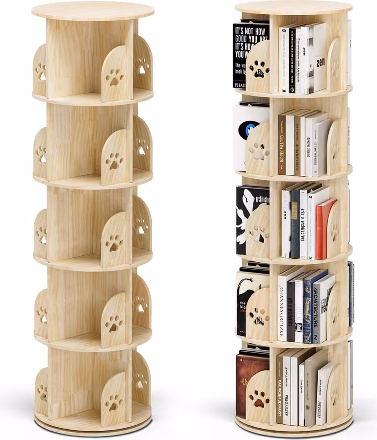 Libreria girevole beige, 5 ripiani, 20 scomparti, in legno massello, ideale per l'arredamento del soggiorno, organizer, elemento d'arredo