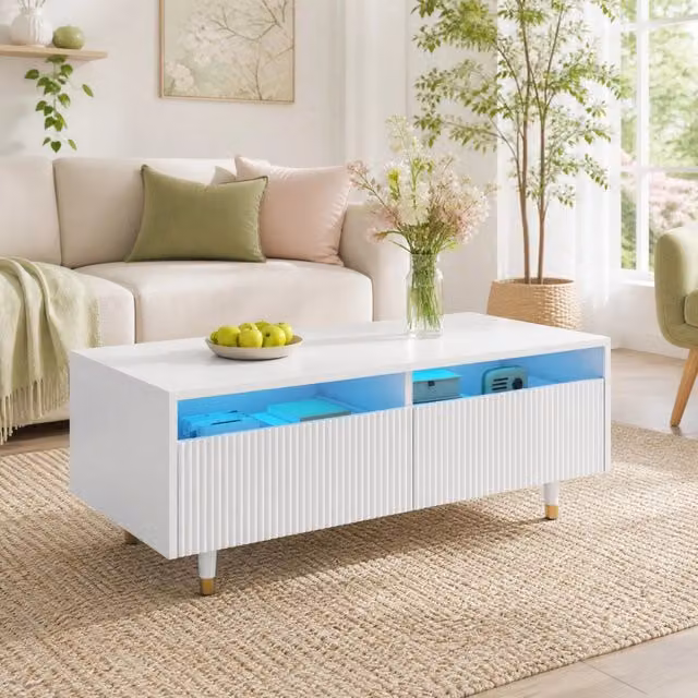Tavolino da caffè moderno MODFU rettangolare in MDF laccato lucido bianco e oro L/P/H: 110 x 50 x 40 cm