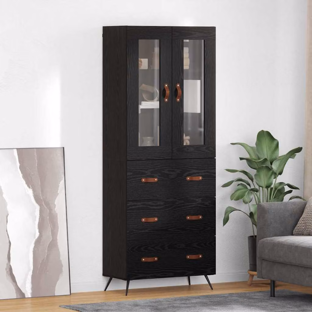 Set di 2 armadietti alti vidaXL in stile rustico con ante in vetro e ripiani interni, colore nero, L: 69,5 cm, P: 34 cm, H: 180 cm