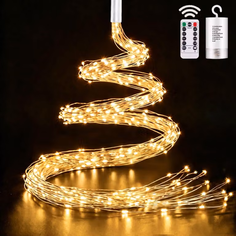 Catena luminosa a LED, 2 metri, 200 LED, luce bianco caldo, alimentazione a batteria, timer, telecomando