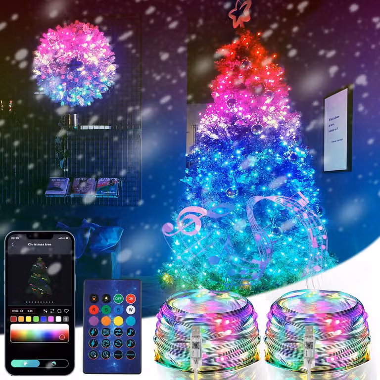 Catena luminosa RGB, 2 x 10 metri, 200 LED, alimentazione USB, grado di protezione IP65, controllo tramite app