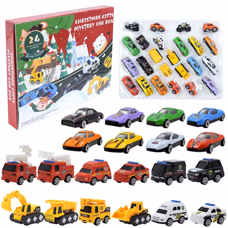 Calendario dell'Avvento natalizio, 24 giorni, conto alla rovescia, giocattoli, macchinine, veicoli, con meccanismo a scatto, per bambini, regali per feste, regalo