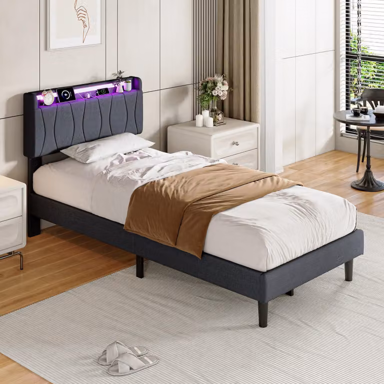 Letto imbottito REMZETTA, 90 x 200 cm, singola, ideale per adolescenti e adulti, con rete a doghe, testiera in lino, luci LED RGB, porta USB-C e 2 porte USB, colore grigio