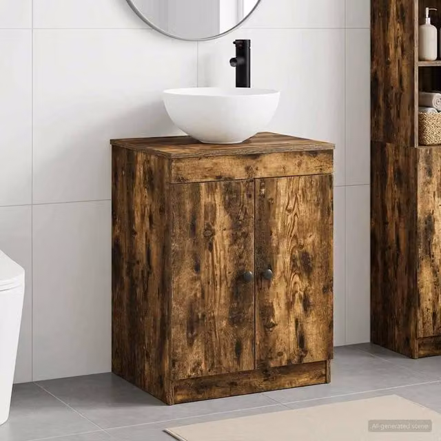 Set di mobili per il bagno moderno vidaXL in legno e metallo color rovere fumo marrone con ante a battente e ripiani interni freestanding – 1