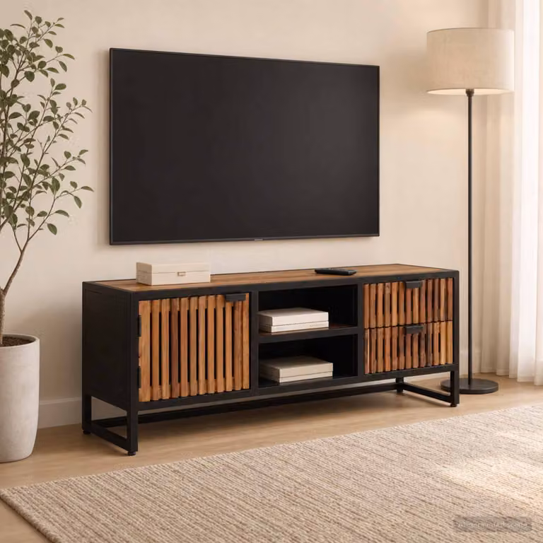 Mobile TV vidaXL in legno di mango con cassetto, moderno, marrone e nero, L 105 x P 30 x H 40 cm