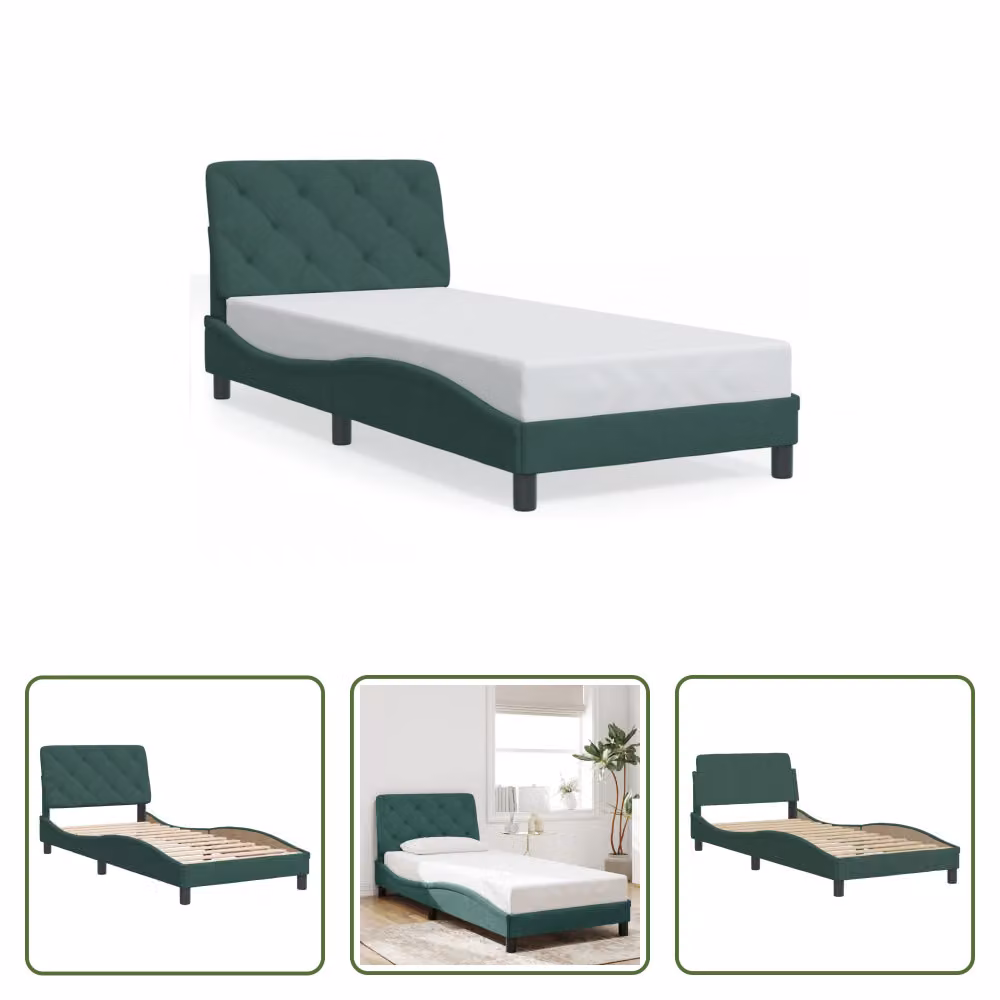 The Living Store Struttura letto con testiera in velluto verde scuro 80x200 cm