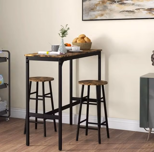 Set tavolo bar con 2 sgabelli in MDF marrone e acciaio