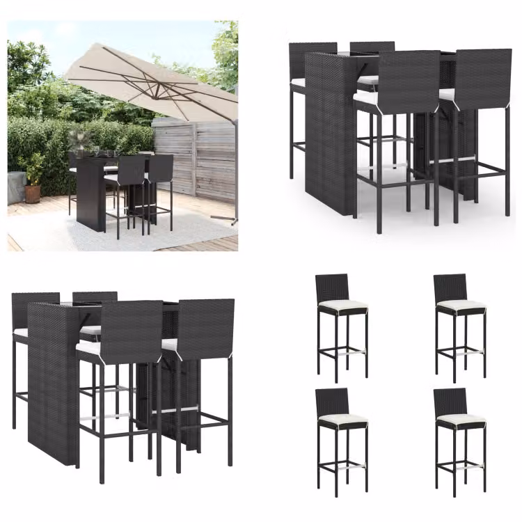 vidaXL Set bar da giardino 5 pezzi con cuscini in poly rattan nero - Set bar da giardino - Set bar da giardino - Set bar da giardino - Bar da giardino