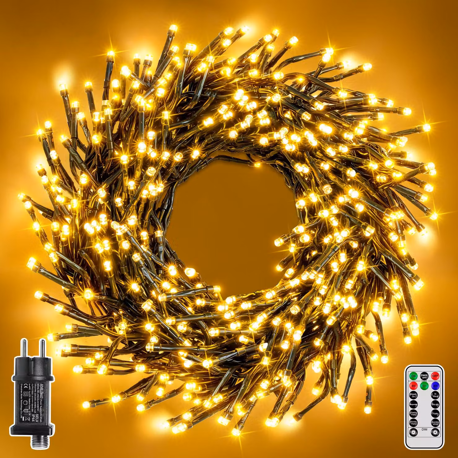 Catena luminosa da 15 metri, con 750 LED, 8 modalità, timer, grado di protezione IP44, luce bianco caldo