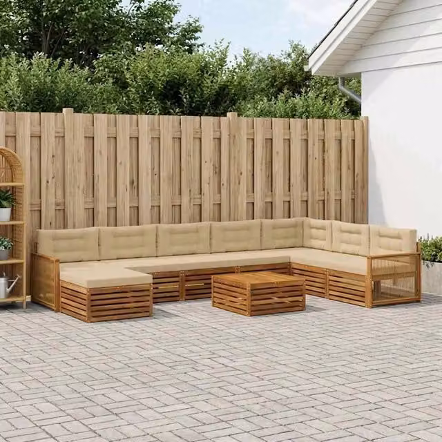 Set di divani da esterno a L vidaXL in legno di acacia con tavolino e pouf, Beige e Marrone – 1
