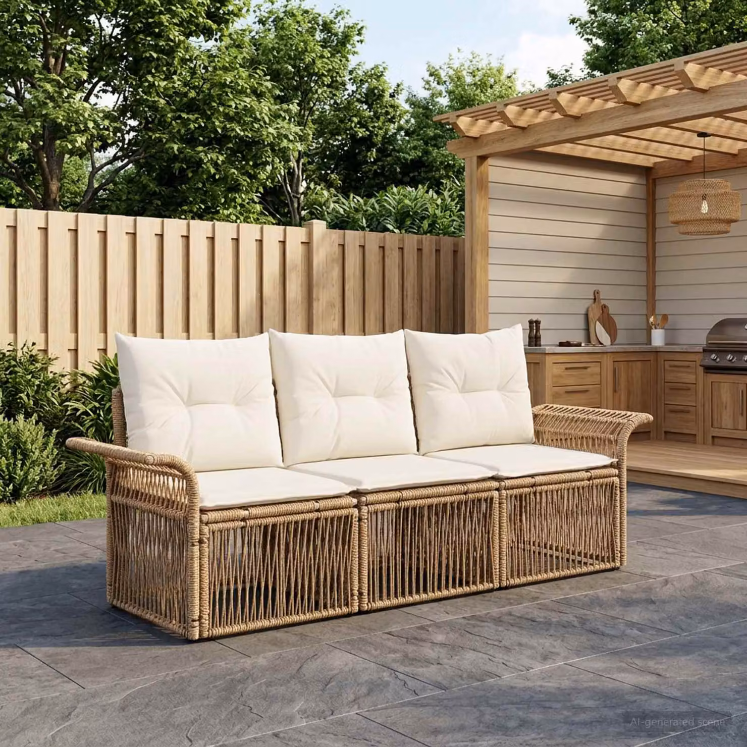 Set Divano da Giardino 3 pz vidaXL in Polyrattan Beige con Cuscini e Struttura in Acciaio