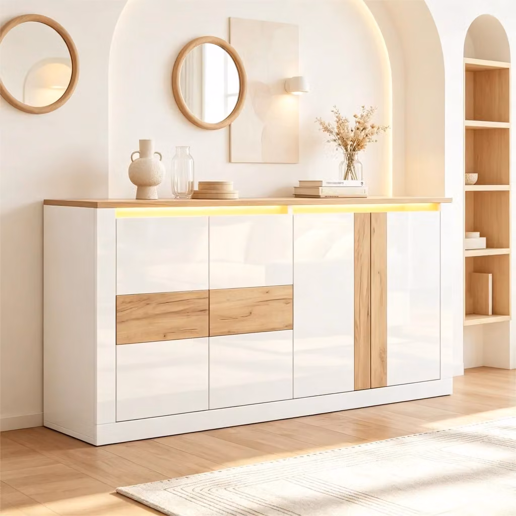Madia Mivray a 4 ante con illuminazione LED RGB regolabile via app e voce, finitura bianco lucido e rovere naturale, L 140 x P 35 x H 70 cm – 2