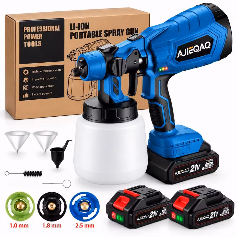 Pistola a Spruzzo a Batteria 21V 500W, Spruzzatore Elettrico con 2 Batterie da 2000mAh, Serbatoio 1000ml, 3 Ugelli, per Pareti, Legno e Mobili