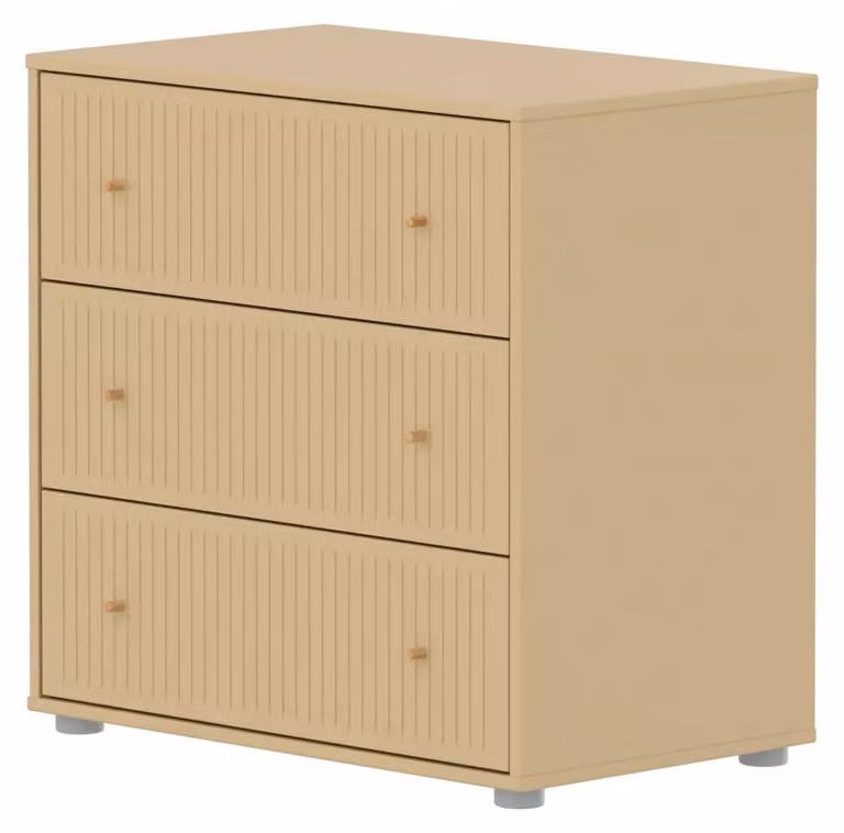 Flexa Cassettiera SAGA a 3 cassetti con frontali scanalati, colore beige sabbia, finitura avena, pomelli in rovere