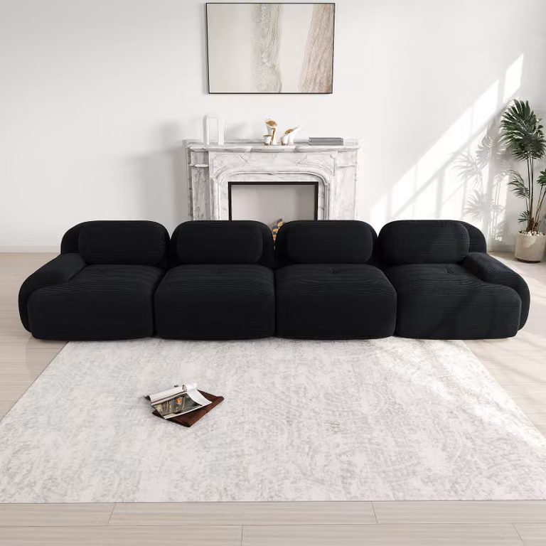Divano a 4 posti, rivestito in corda, senza braccioli, imbottitura in schiuma 32D, adatto agli animali domestici, confezionato sottovuoto, modulare (colore: nero)