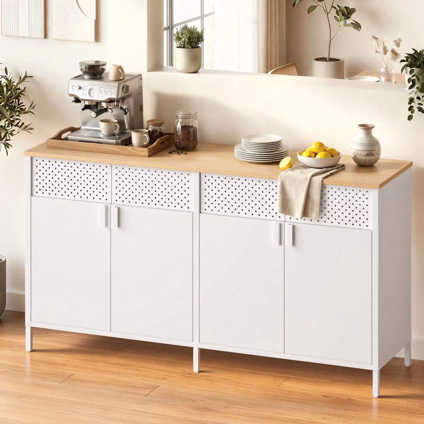 SONGMICS Armadio in metallo, con ripiani regolabili, 40 x 141 x 76 cm, bianco-beige
